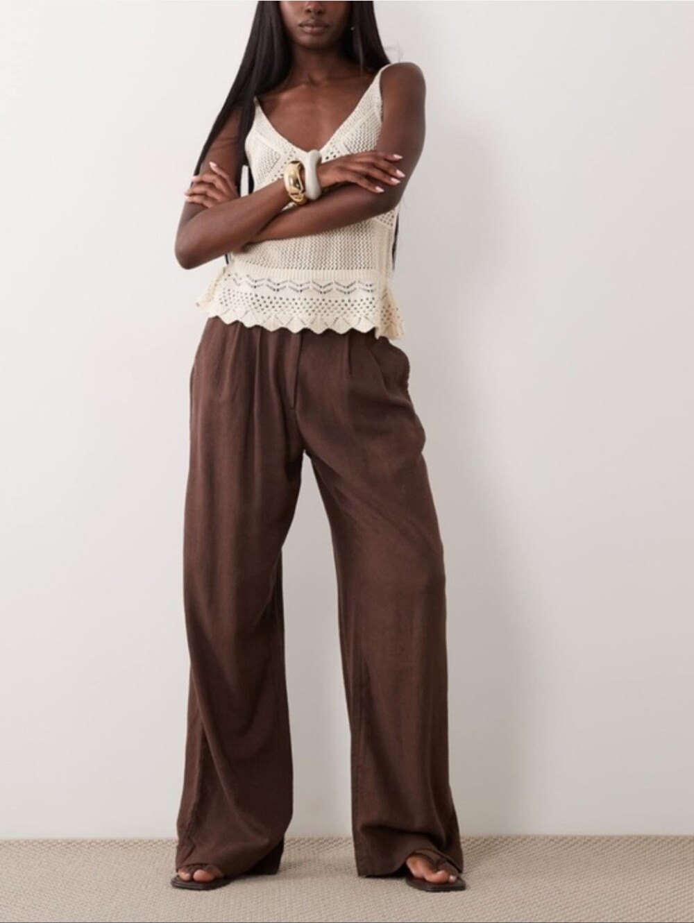 Abercrombie & Fitch Chocolate Brown Wide-Leg Pleated Pants Linen Cotton Women SL